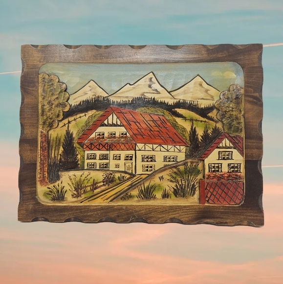 Source Unknown Other - Hand Carved 3-D Wood Village Country Side Farm Life Hand Painted Picture
